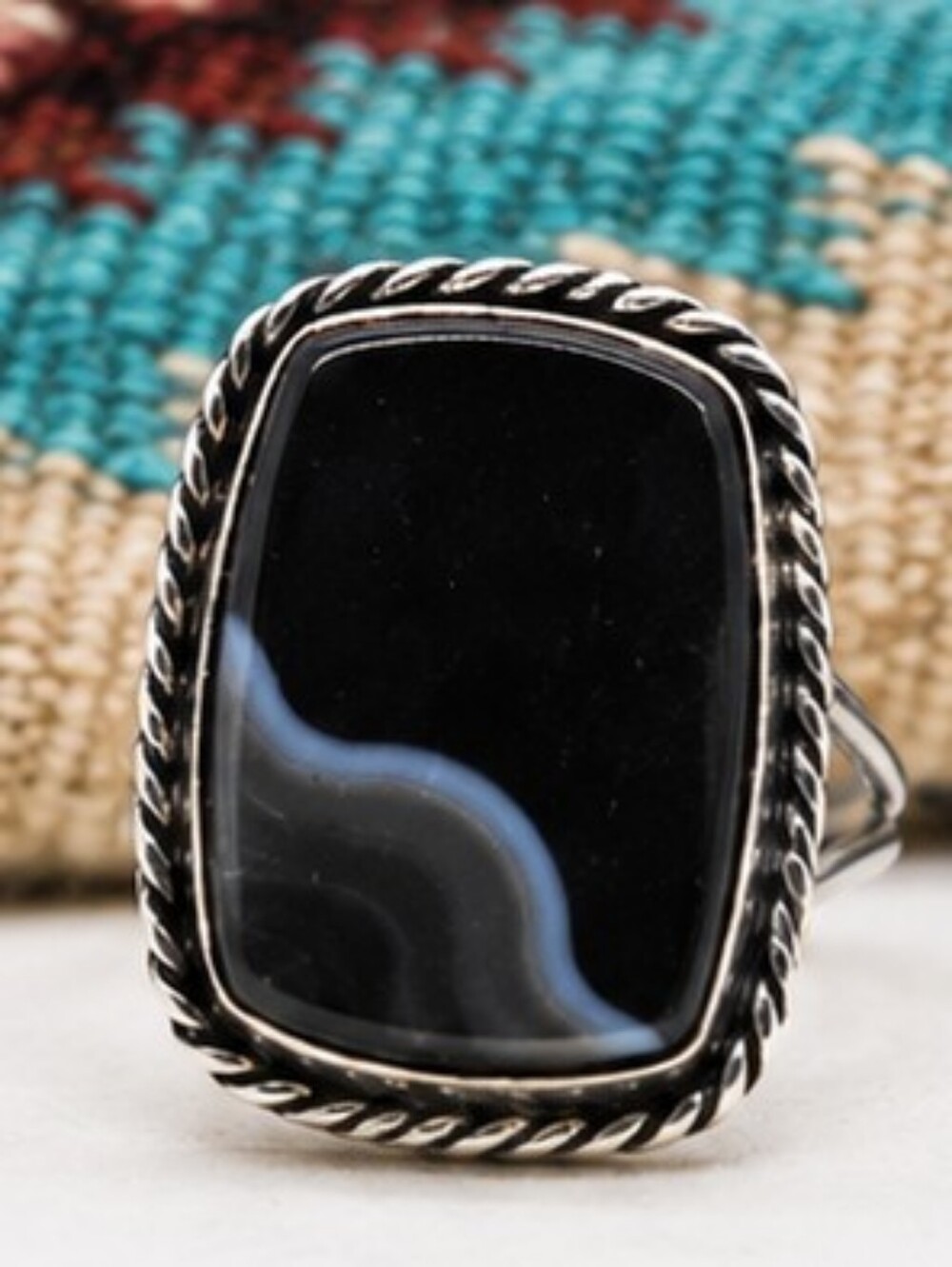 Sterling Silver 925 Banded Agate Statement Ring Size 8 Black Gray Natural Stone